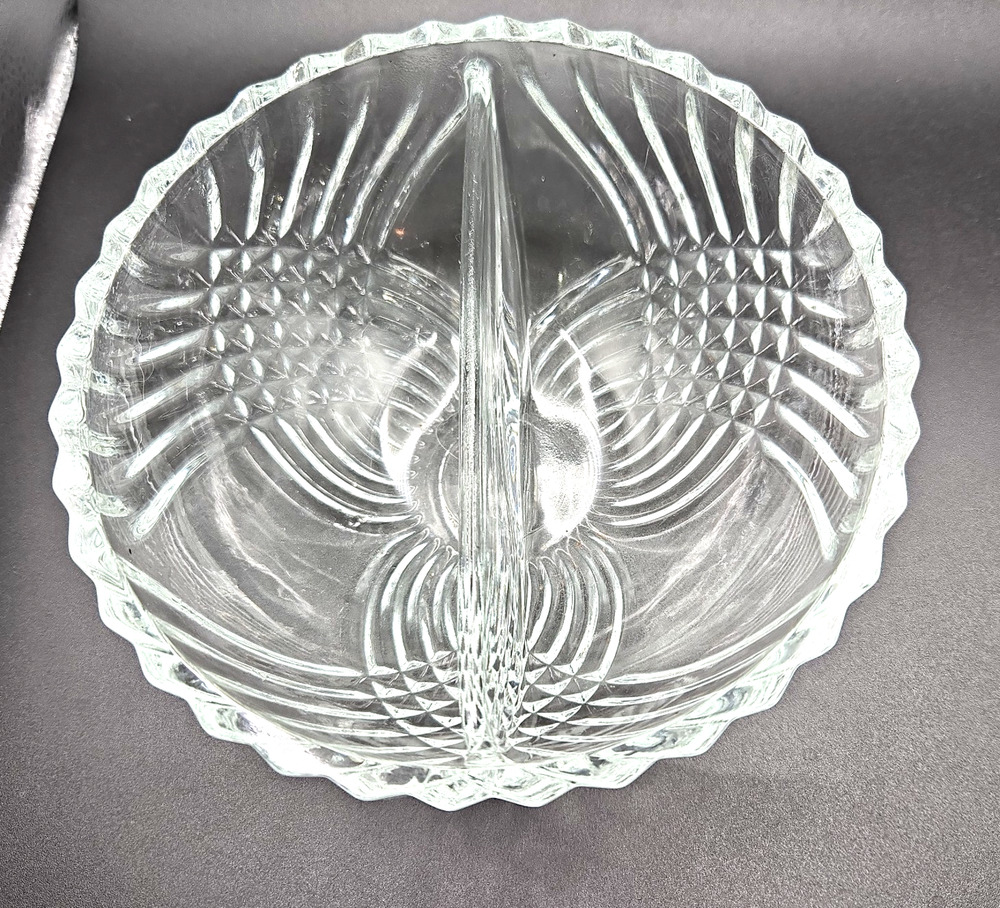 Vintage Clear Glass Oval Divided Relish Candy or Nut Dish Scalloped Ribbed Swirl